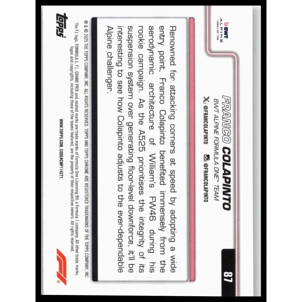 2025 Topps Chrome Formula 1 Franco Colapinto #87 BWT Alpine F1 Team
